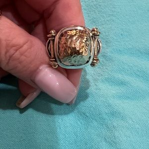 Dian Malouf Ring/14K YG and 925 SS Hammered Dome Drum Ring Max Gold Side Accents